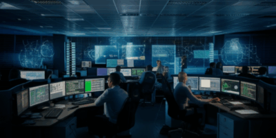 Security operations center monitoring airline systems with multiple screens showing network traffic