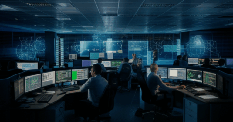 Security operations center monitoring airline systems with multiple screens showing network traffic