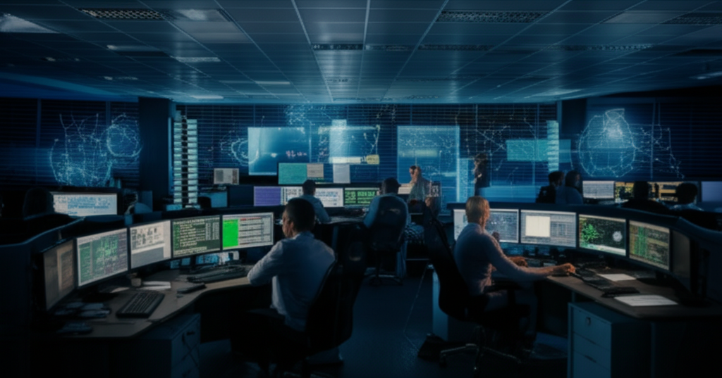 Security operations center monitoring airline systems with multiple screens showing network traffic