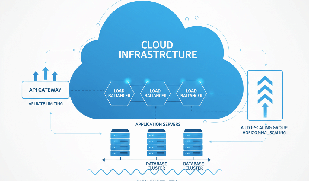 Cloud server infrastructure showing API rate limiting and load balancing