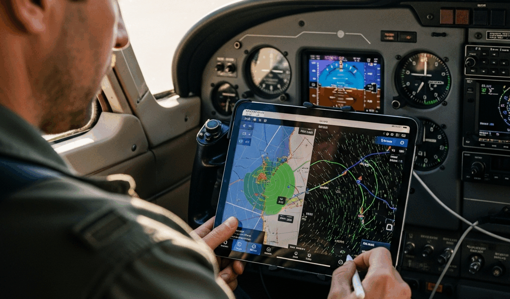 pilot in cockpit using ipad with ai flight planning app show 20260331 130550