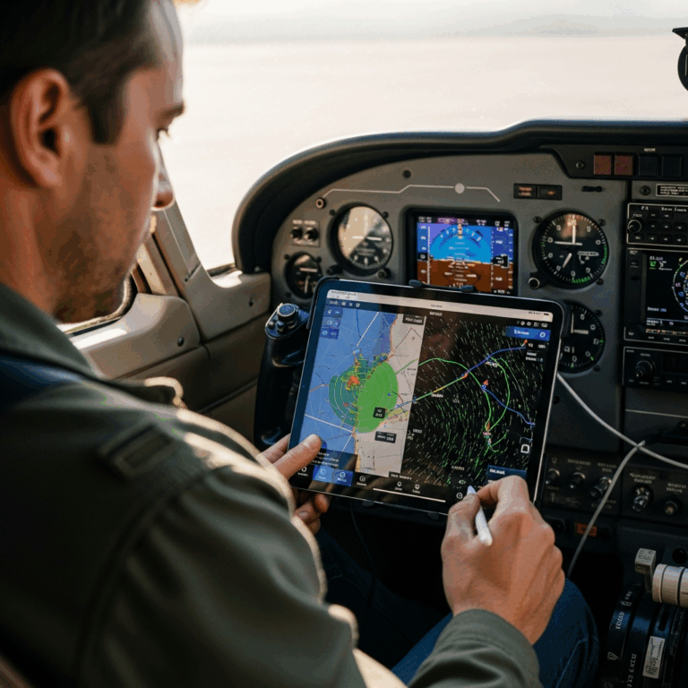 pilot in cockpit using ipad with ai flight planning app show 20260331 130550