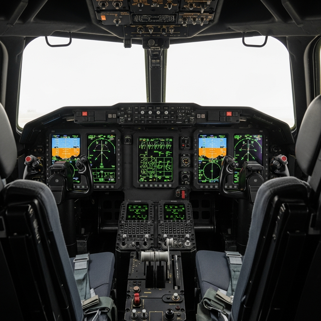 B-2 Spirit glass cockpit interior with color LCD multifunction displays and dark ambient lighting
