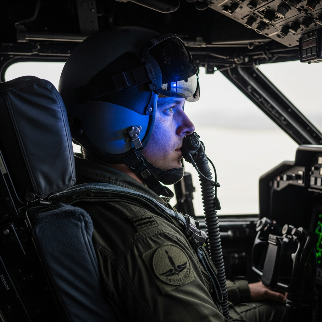 Military pilot at bomber cockpit station with multifunction displays illuminating the B-2 Spirit cockpit