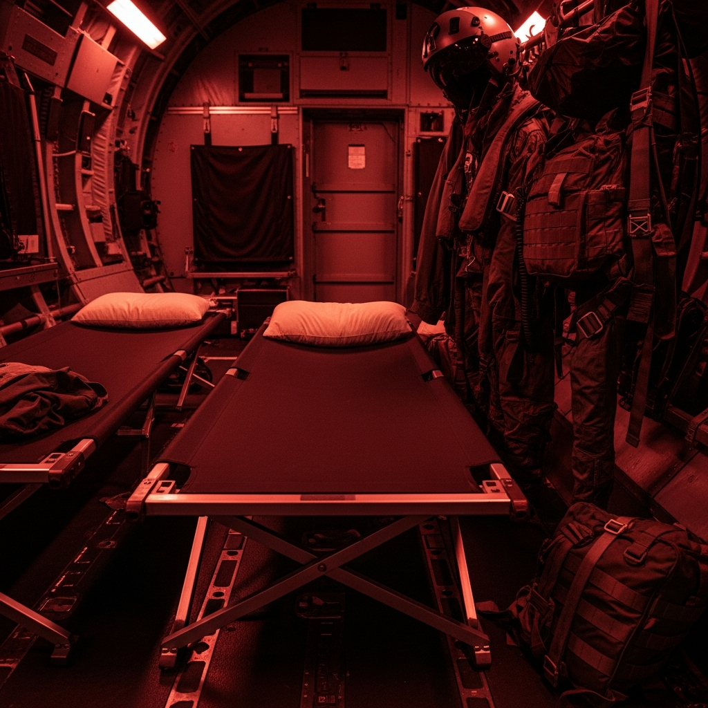 Cramped canvas crew rest cot in military aircraft fuselage showing the limited space B-2 Spirit pilots sleep in during 40-hour missions